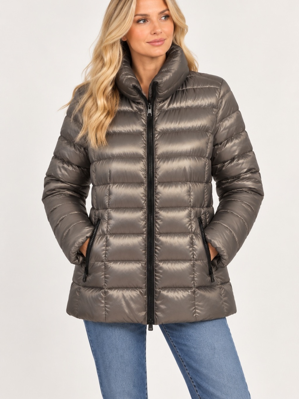 Covington Women’s Metallic Gray Puffer Jacket L 80% Duck Down 20% Feathers